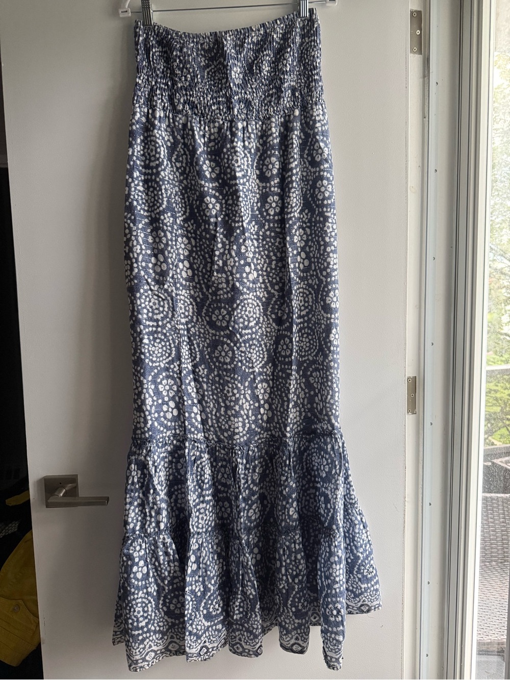 Smocked Waist Navy. Silver White Patterned Maxi dress
